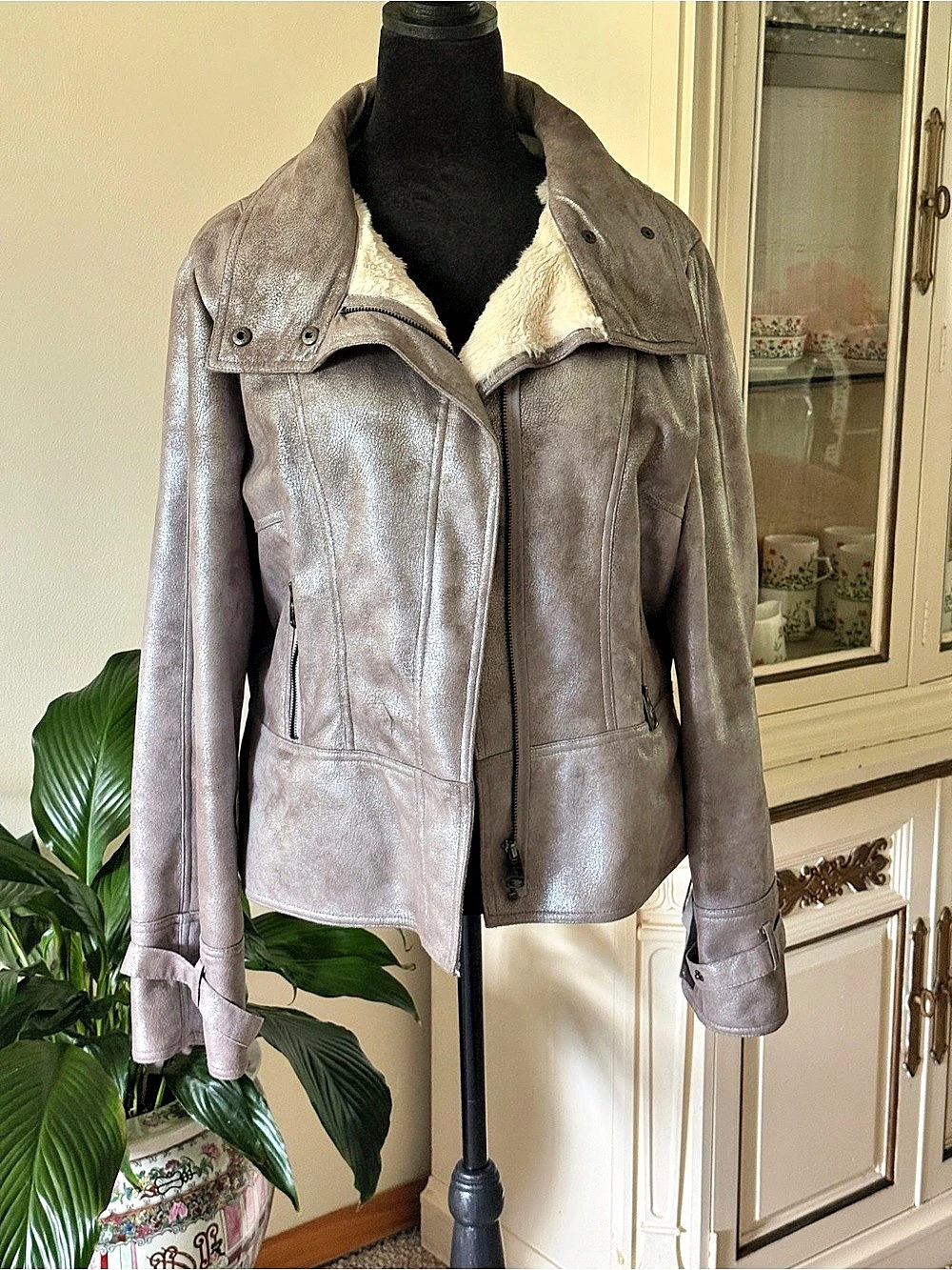 Via Spiga Faux Shearling Moto Jacket Gray XL Like New